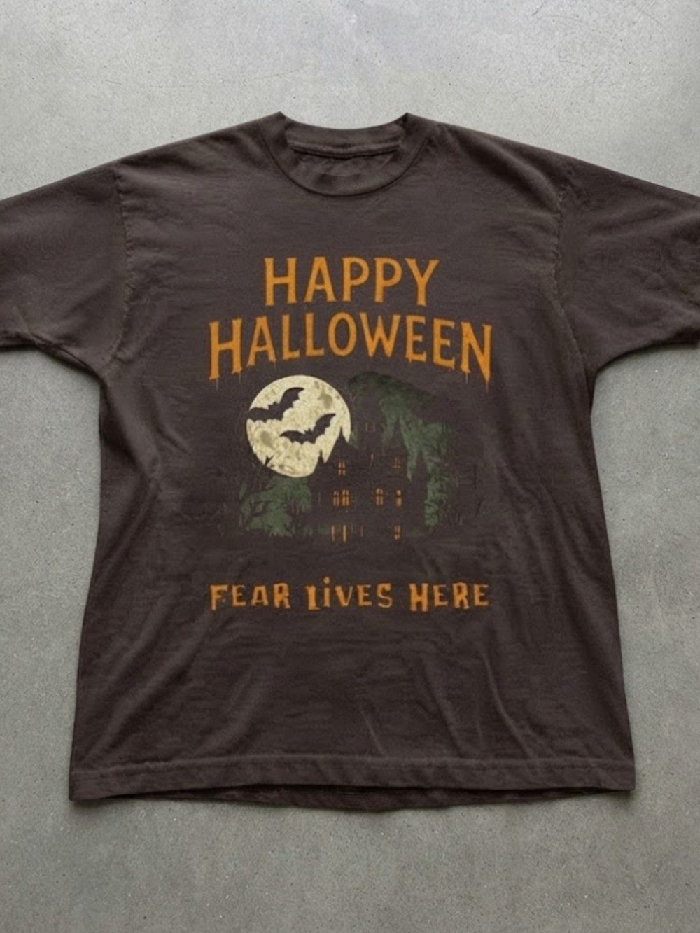 Happy Halloween Haunted House Bat Brown Cotton Gildan T-Shirt